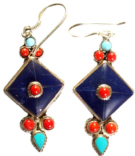 Nepalese Inlay Earrings Coral and Turquoise