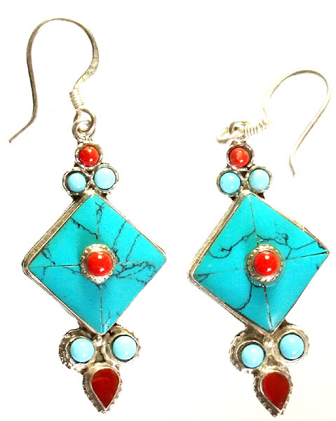 Nepalese Inlay Earrings with Coral and Turquoise
