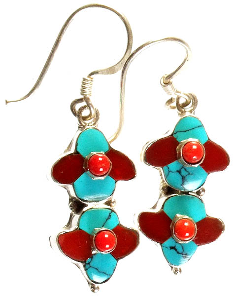 Nepalese Inlay Earrings with Coral