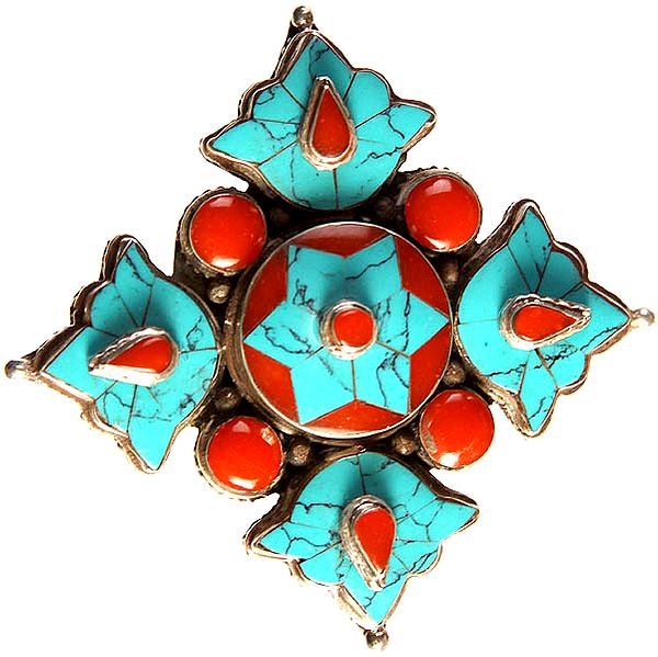 Nepalese Inlay Gau Box Pendant with Coral