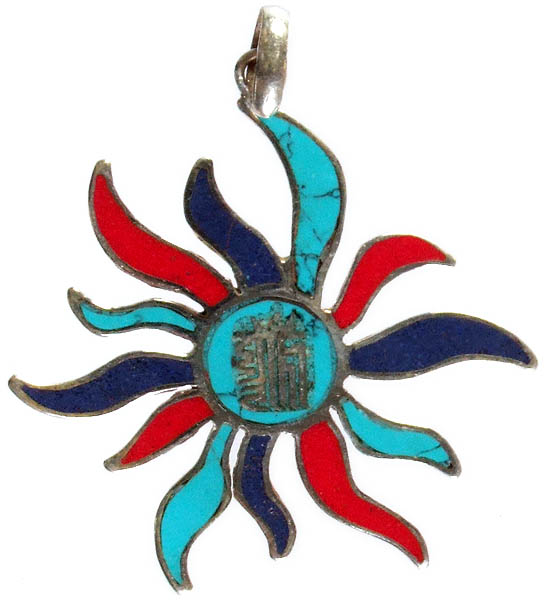 Nepalese Inlay Twirling Pendant with The Ten Powerful Syllables of the Kalachakra Mantra
