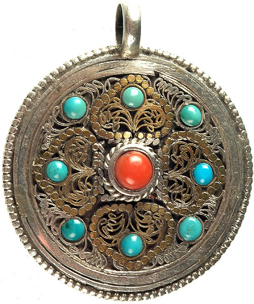 Nepalese Mandala Double-sided Filigree Pendant with Turquoise and Coral
