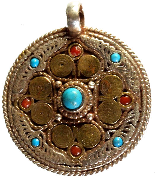 Nepalese Mandala Double-sided Filigree Pendant with Coral and Turquoise