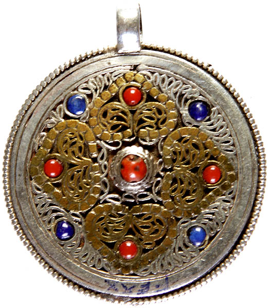 Nepalese Mandala Filigree Pendant with Coral and Lapis Lazuli