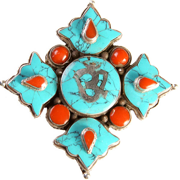 Nepalese Om (AUM) Inlay Gau Box Pendant with Coral
