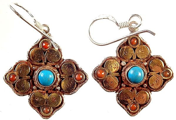 Nepalese Rhombus Earrings with Coral and Turquoise