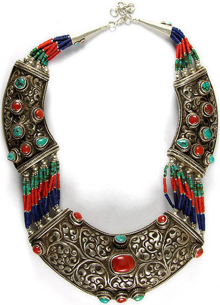 Nepalese Superfine Handcarved Necklace with Coral and Turquoise