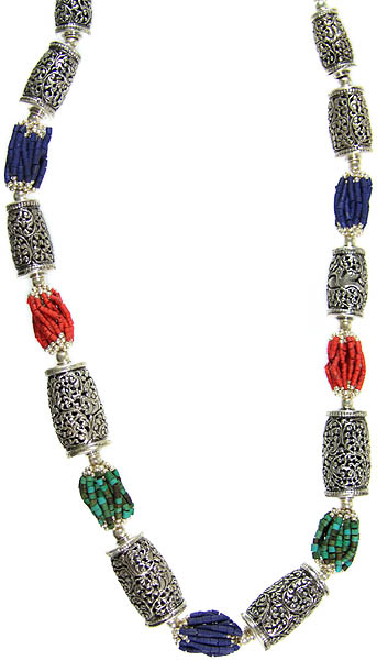 Nepalese Superfine Handcarved Necklace with Coral, Turquoise and Lapis Lazuli