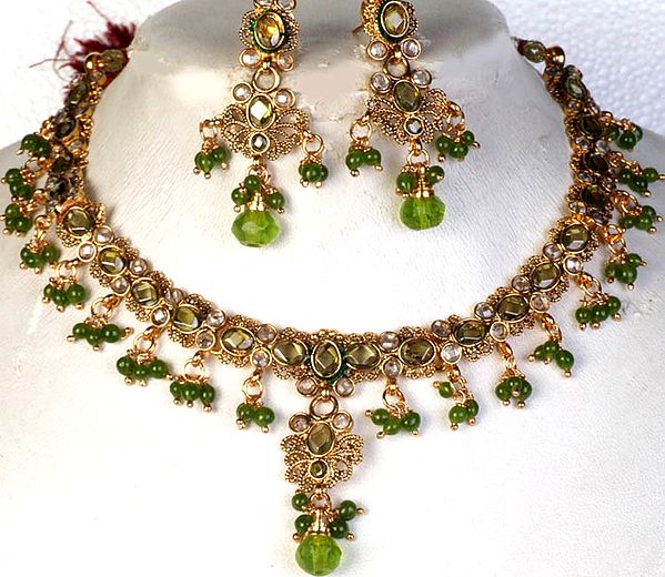 Olive-Green Polki Necklace and Earrings Set with Cut Glass