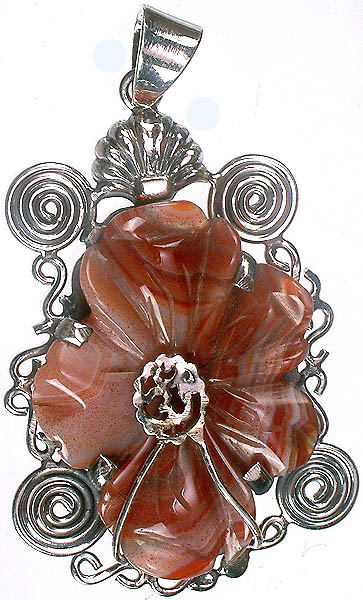 OM (AUM) on Carved Carnelian Flower Pendant