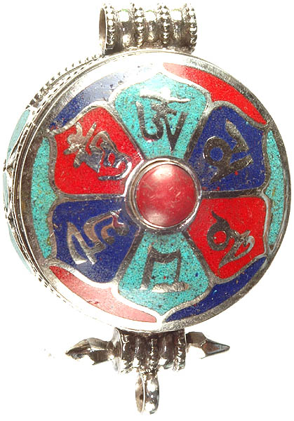 Om Mani Padme Hum Inlay Gau Box Pendant with Central coral