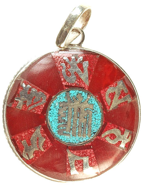 Om Mani Padme Hum Inlay Pendant with Central The Ten Powerful Syllables of The Kalachakra Mantra