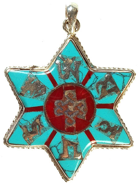 Om Mani Padme Hum Inlay Star Pendant with Central Endless Knot