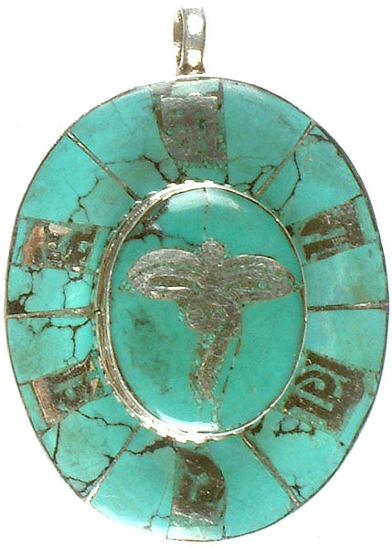 Om Mani Padme Hum with Eye of Svayambhunath Inlay Pendant
 Turquoise Inlay Pendant