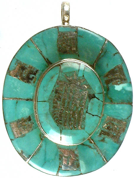 Om Mani Padme Hum with Ten Syllables of Kalachakra Mantra on Inlay Turquoise (Gau Box Pendant)