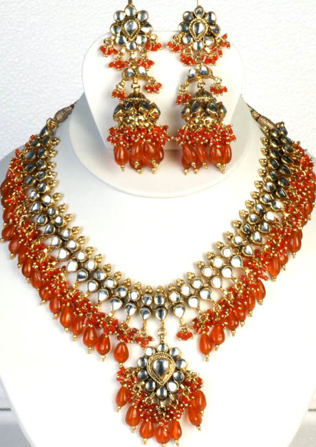 Orange Bridal Kundan Necklace Set with Chandelier Earrings