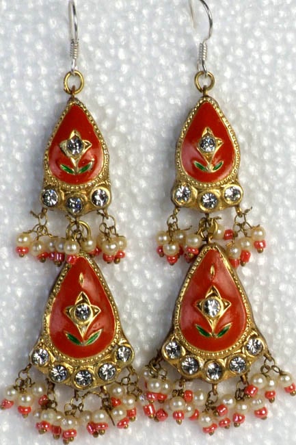 Orange Double-Drop Earrings with Golden Accents