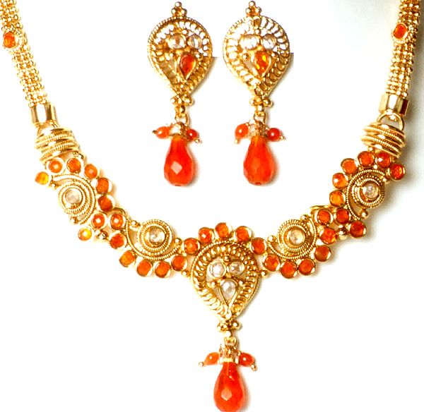 Orange Filigree Necklace and Earrings Set