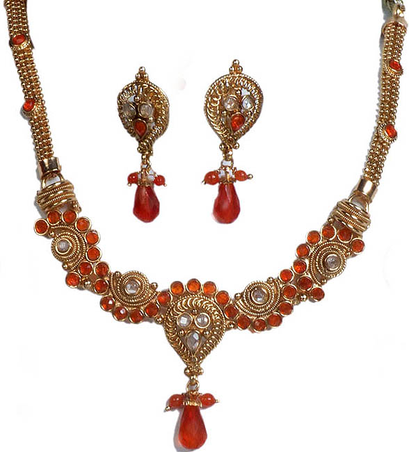 Orange Filigree Necklace and Earrings Set