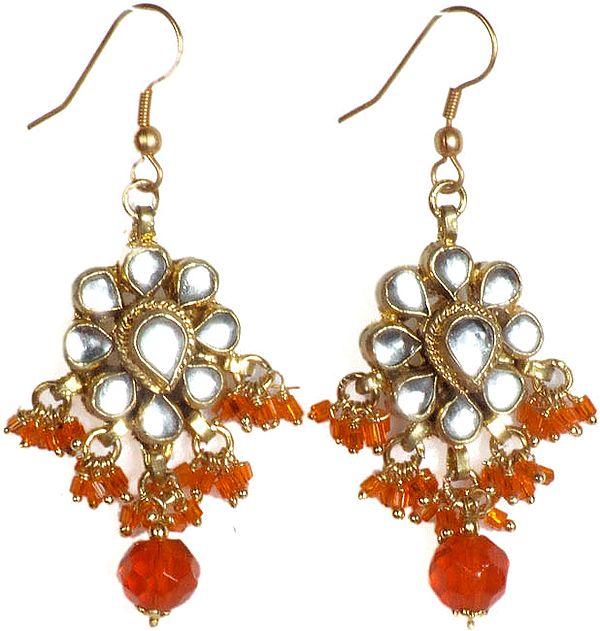 Orange Kundan Earrings with Dangling Beads
