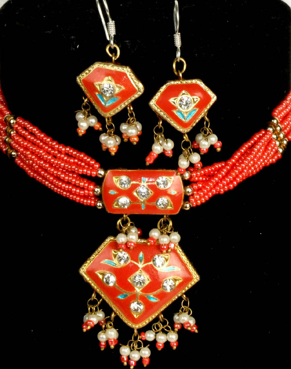 Orange Meenakari Necklace and Earrings Set with Beads