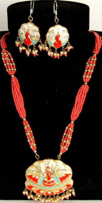 Orange Peacock Necklace and Earrings Set with Beads