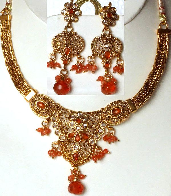 Orange Polki Necklace and Earrings Set with Filigree