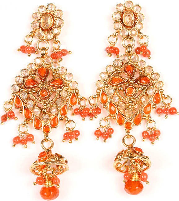 Orange Polki Post Earrings with Cut Glass