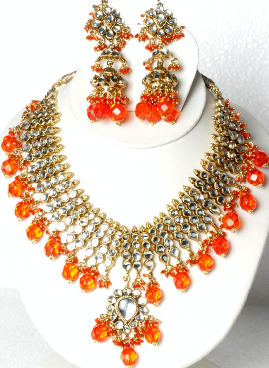 Orange Quadruple-Layer Kundan Necklace Set