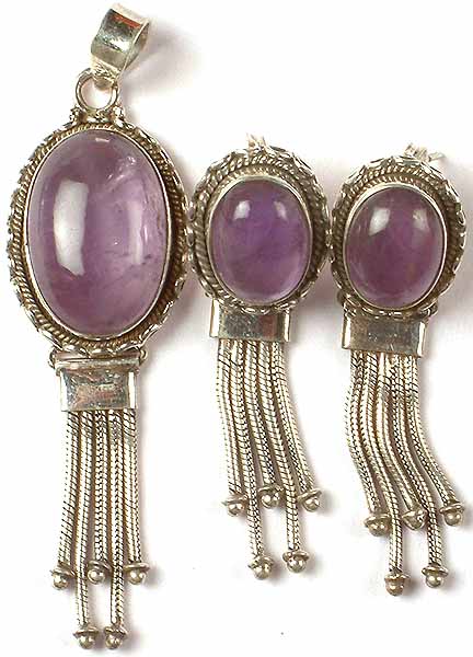 Oval Amethyst Pendant & Earrings Set With Sterling Showers