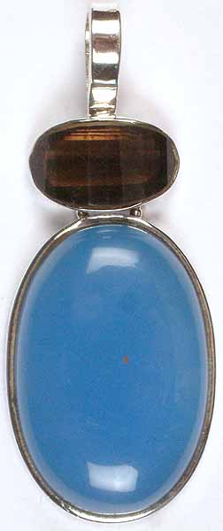 Oval Blue Chalcedony Pendant with Faceted Smoky Quartz