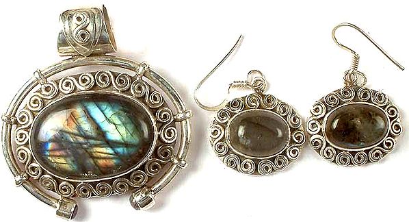 Oval Labradorite Pendant & Earrings Set with Spirals