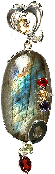 Oval Labradorite Pendant with Faceted Citrine, Garnet, Lapis Lazuli and Peridot