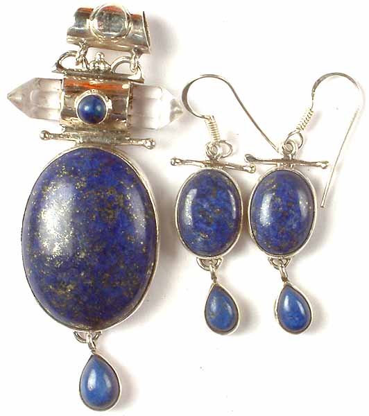 Oval Lapis Lazuli & Faceted Crystal Pendant With Matching Earrings Set