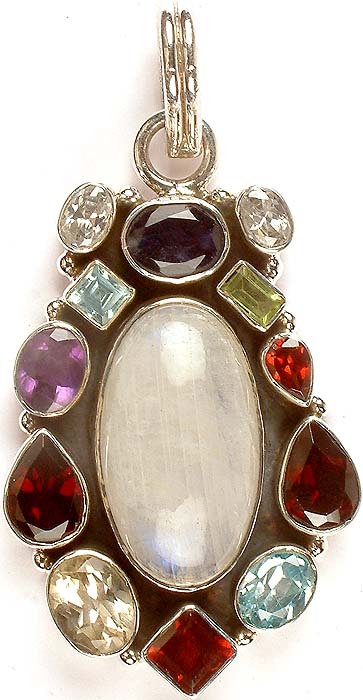 Oval Rainbow Moonstone Pendant with Gemstones