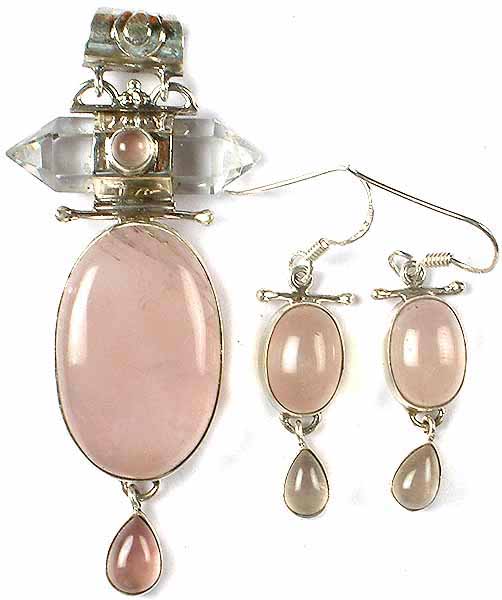 Oval Rose Quartz Pendant & Earrings Set with Dangles