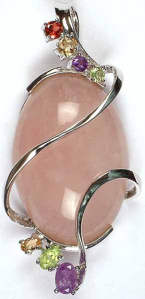Oval Rose Quartz Pendant with Faceted Gemstones