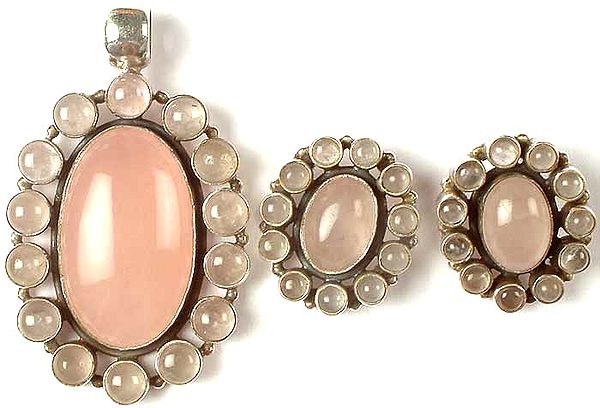 Oval Rose Quartz Pendant With Matching Earrings Set