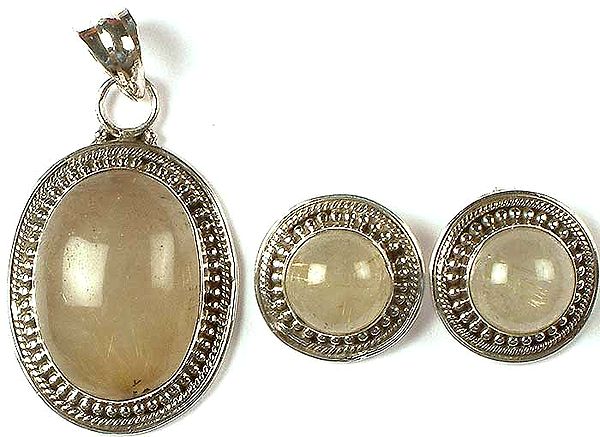 Oval Rutilated Quartz Pendant With Matching Earrings Set