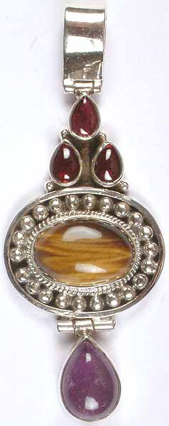Oval Tiger Pendant with Amethyst and Garnet