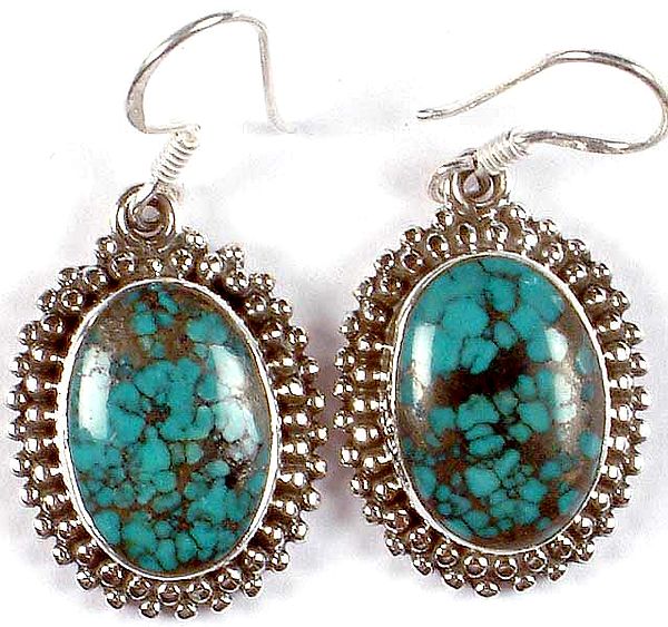 Oval Turquoise Earrings With Granulation