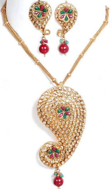 Paisley Polki Necklace on a Chain with Earrings, Studded with Faux Diamonds