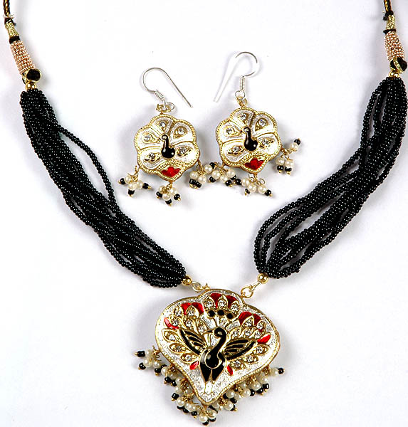 Peacock Double Sided Meenakari Necklace and Earrings Set