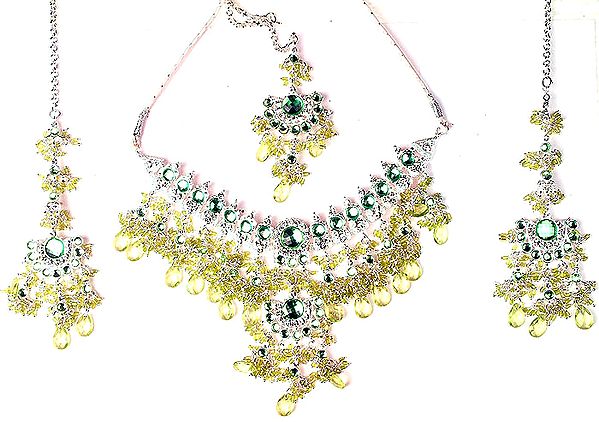 Pear and Pastel Green Cut Glass Necklace with Earrings and Mang Tika set