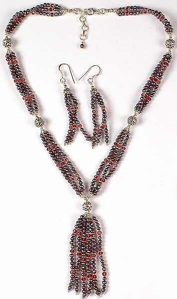 Pearl & Garnet Necklace with Matching Earrings