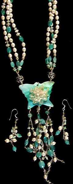 Pearl and Apatite Beaded Necklace with MOP Charms and Earrings Set