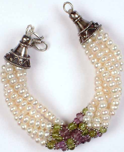 Pearl Bunch Bracelet with Peridot & Amethyst