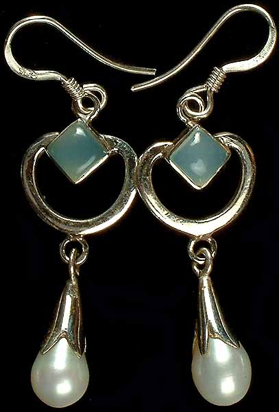 Pearl Dangling Drop Earrings with Blue Chalcedony