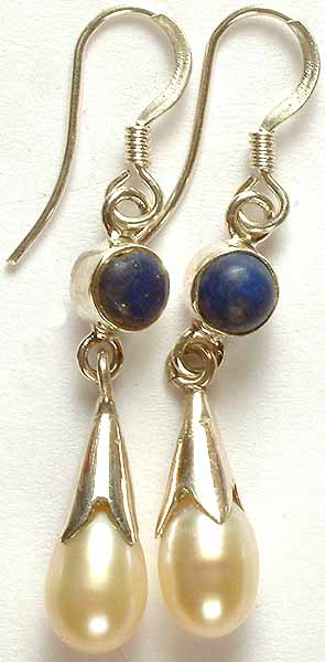 Pearl Dangling Drop Earrings with Lapis Lazuli
