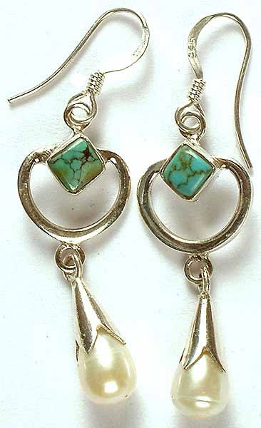 Pearl Dangling Drop Earrings with Turquoise